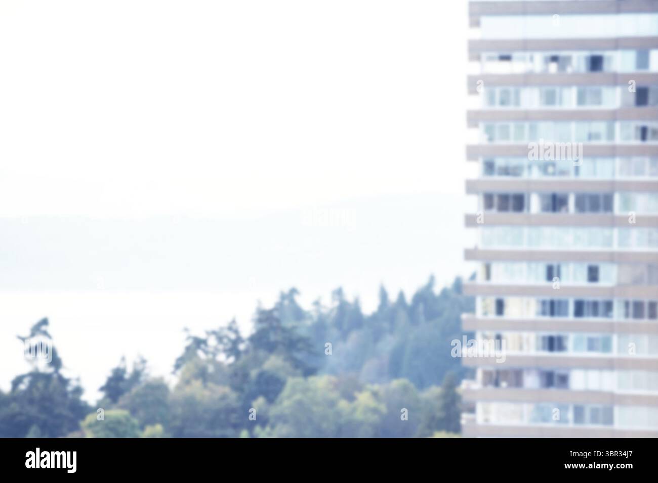 Mit flachem Design eines hohen Gebäudes mit Gitterbalkonen und Fenstern neben nebligen Kiefern am See Stockfoto