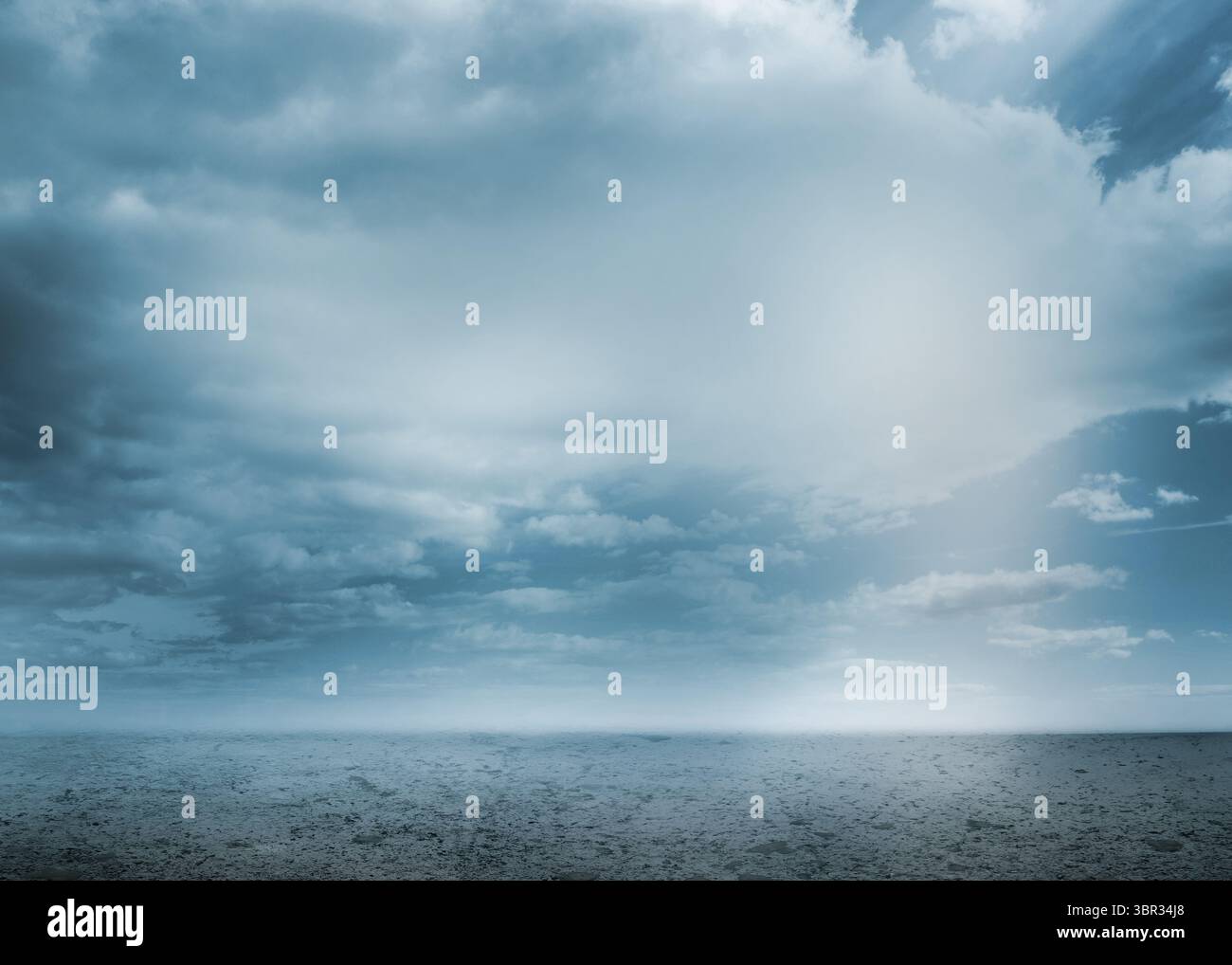 Flache Illustration mit ruhigem Ozeanhorizont unter bewölktem Himmel mit welligem Wasser Stockfoto