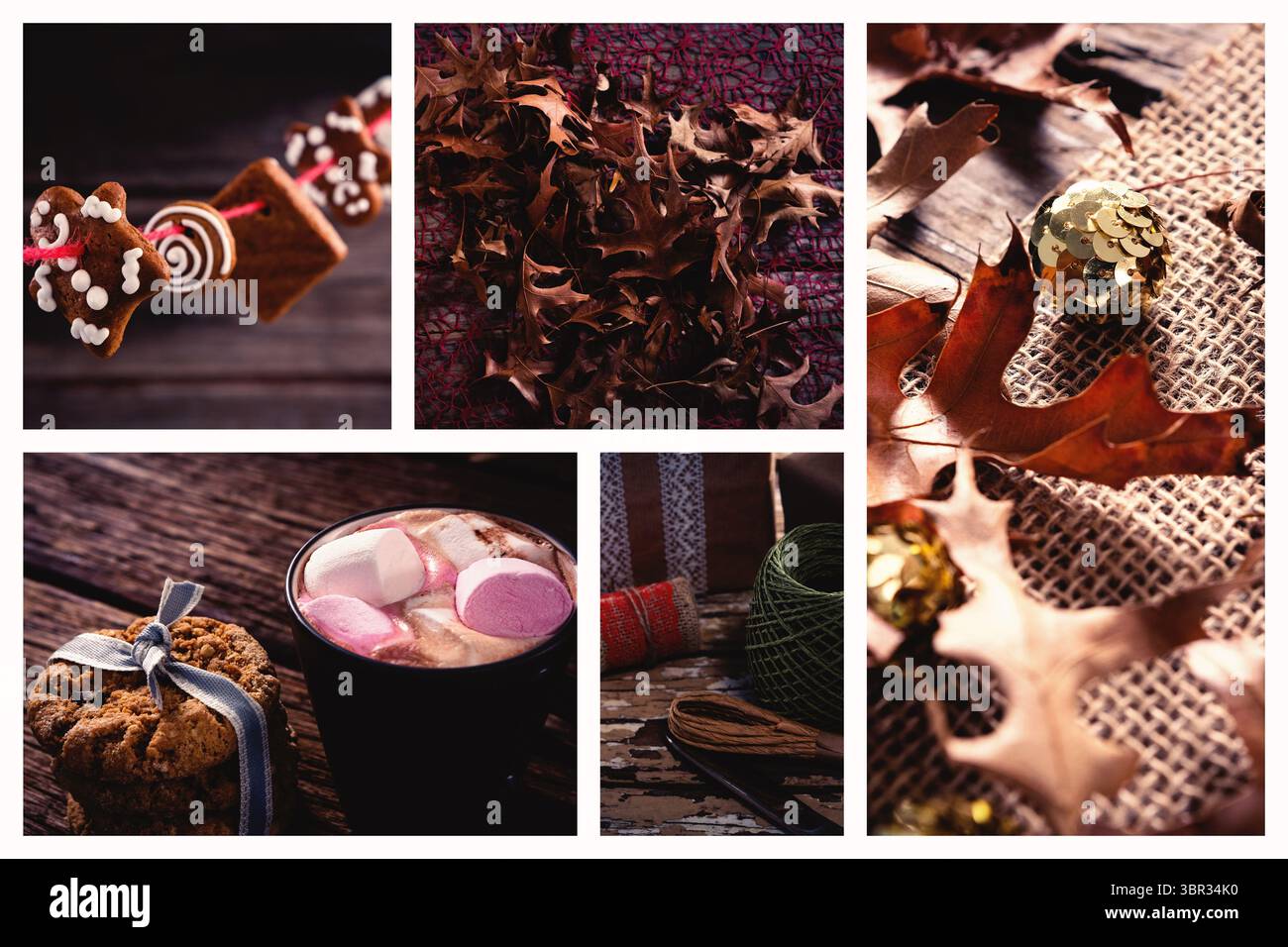 Festtage Herbsttisch mit flacher Design-Collage mit Lebkuchen, heißer Schokolade, Blättern und Garn Stockfoto