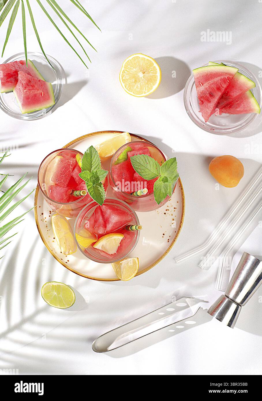 Eiskalte hausgemachte Limonade oder Cocktail mit Minze, Wassermelone und Früchten auf einem sonnigen Tisch, erfrischendes Sommergetränk Rezept, Entgiftungsdiät und Gewichtsverlust c Stockfoto