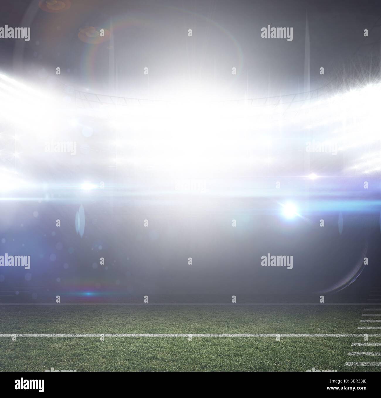 Das leere Fußballfeld leuchtet unter den Flutlichtern des Stadions in flachem Stil mit Hoflinien, Kopierraum Stockfoto