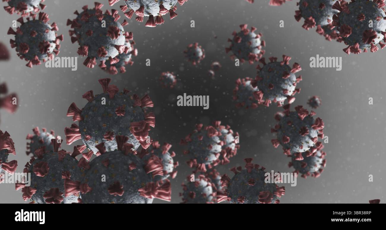 Covid-19 Zellen vor grauem Hintergrund Stockfoto