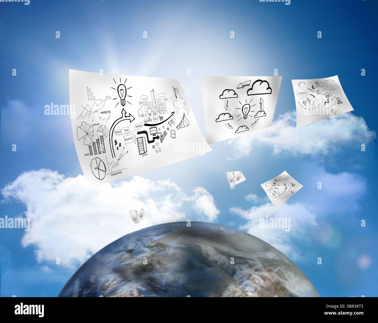 Brainstorming-Seiten, die über die Erde fliegen Stockfoto