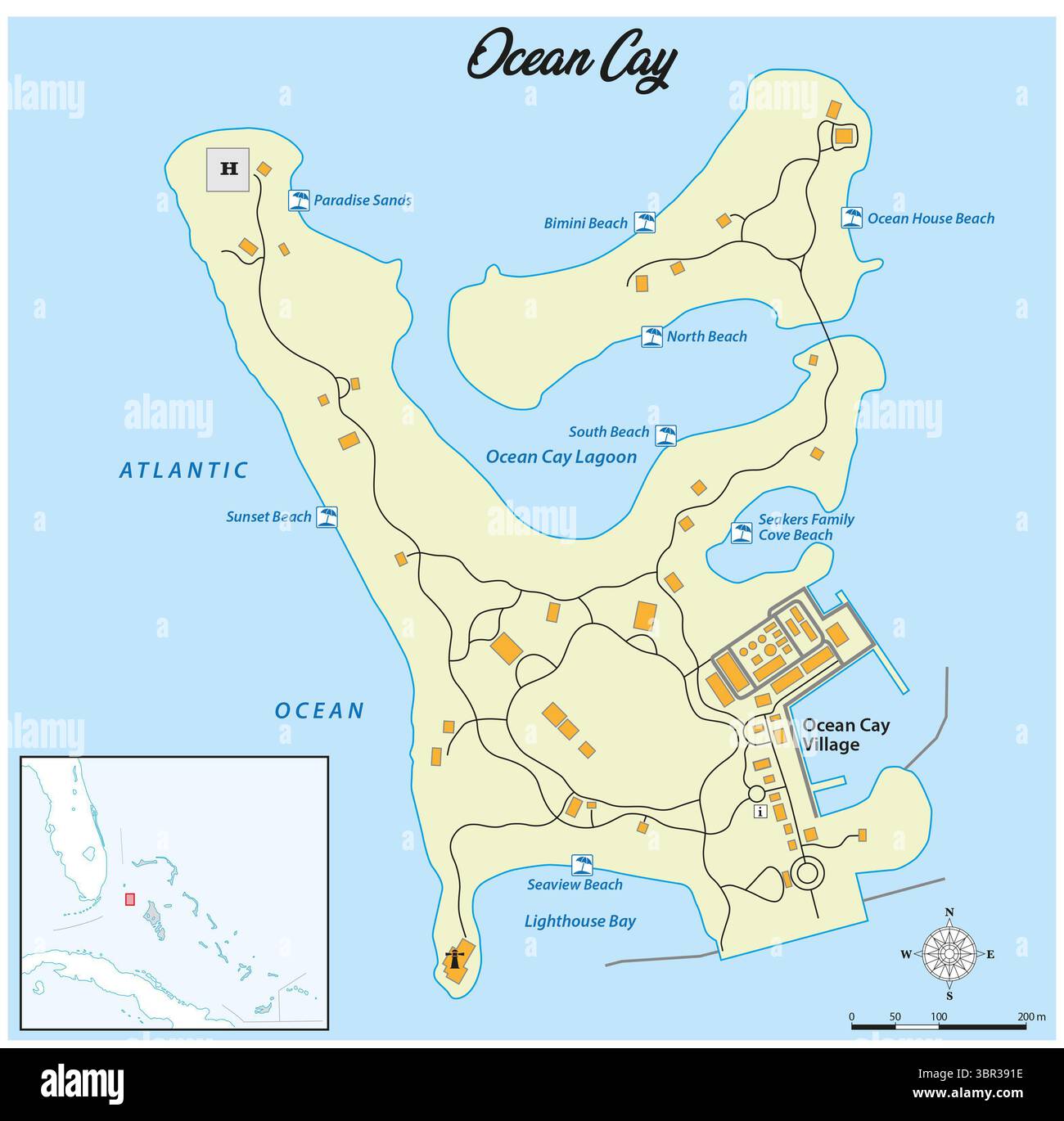 Detaillierte Karte der privaten Bahamas-Insel Ocean Cay Stockfoto