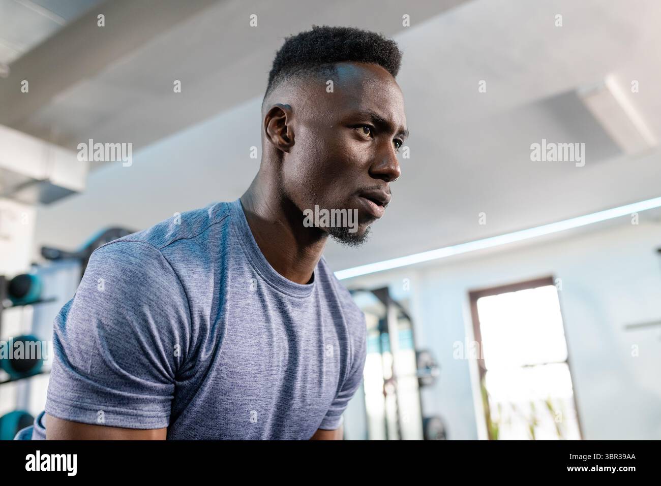 Afroamerikaner, der graues Hemd trägt, die Hantel am Regal am Fenster hebt, Deckenleuchten im Fitnessstudio Stockfoto