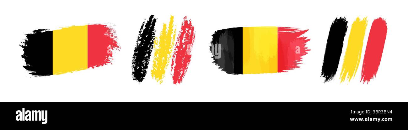 Set aus kunstvollen handgezeichneten Stilformen in den Farben der belgischen Flagge. Kreative Flaggen Belgiens. Clip-Art-Kollektion. Isolierte Konstruktion Stock Vektor
