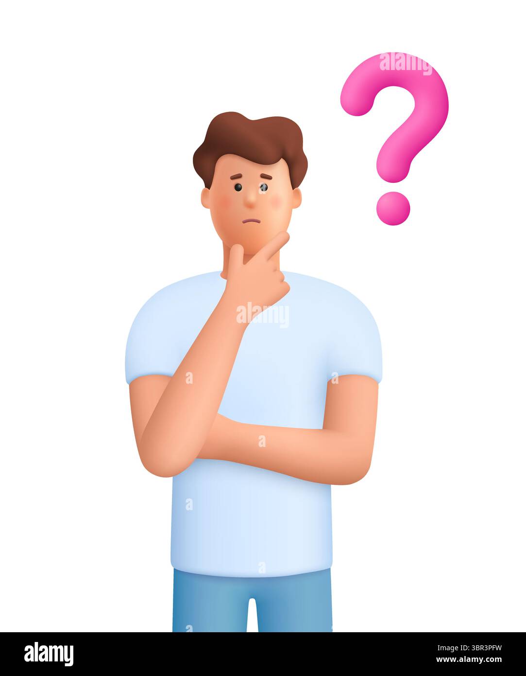 Verwirrter Mann James denkt in einer nachdenklichen Pose mit Fragezeichen. Auswahl, Problemlösungskonzept. 3D-Vektor-Person-Charakter. Cartoon Minimal styl Stock Vektor