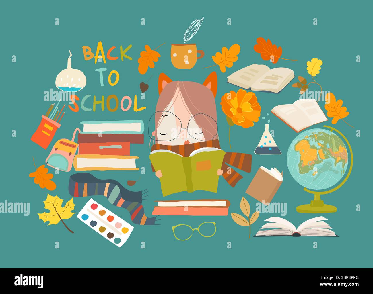 Cartoon-Set mit süßen Mädchen- und Schulbedarf Stock Vektor