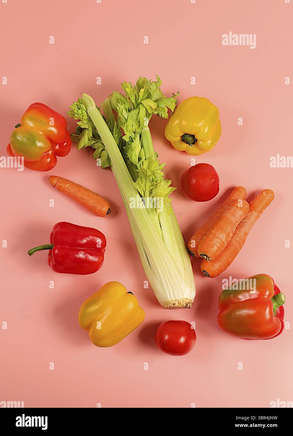 Süße Paprika, Tomaten, Sellerie und Karotten auf einem Leuchttisch. Modernes Stillleben verschiedener reifer Gemüsesorten für gesunde vegetarische Ernährung und Entgiftung Stockfoto