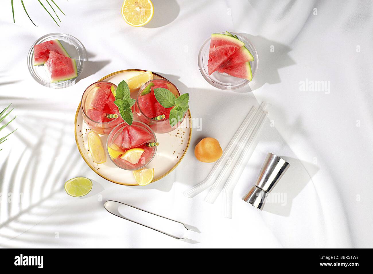 Eiskalte hausgemachte Limonade oder Cocktail mit Minze, Wassermelone und Früchten auf einem sonnigen Tisch, erfrischendes Sommergetränk Rezept, Entgiftungsdiät und Gewichtsverlust c Stockfoto
