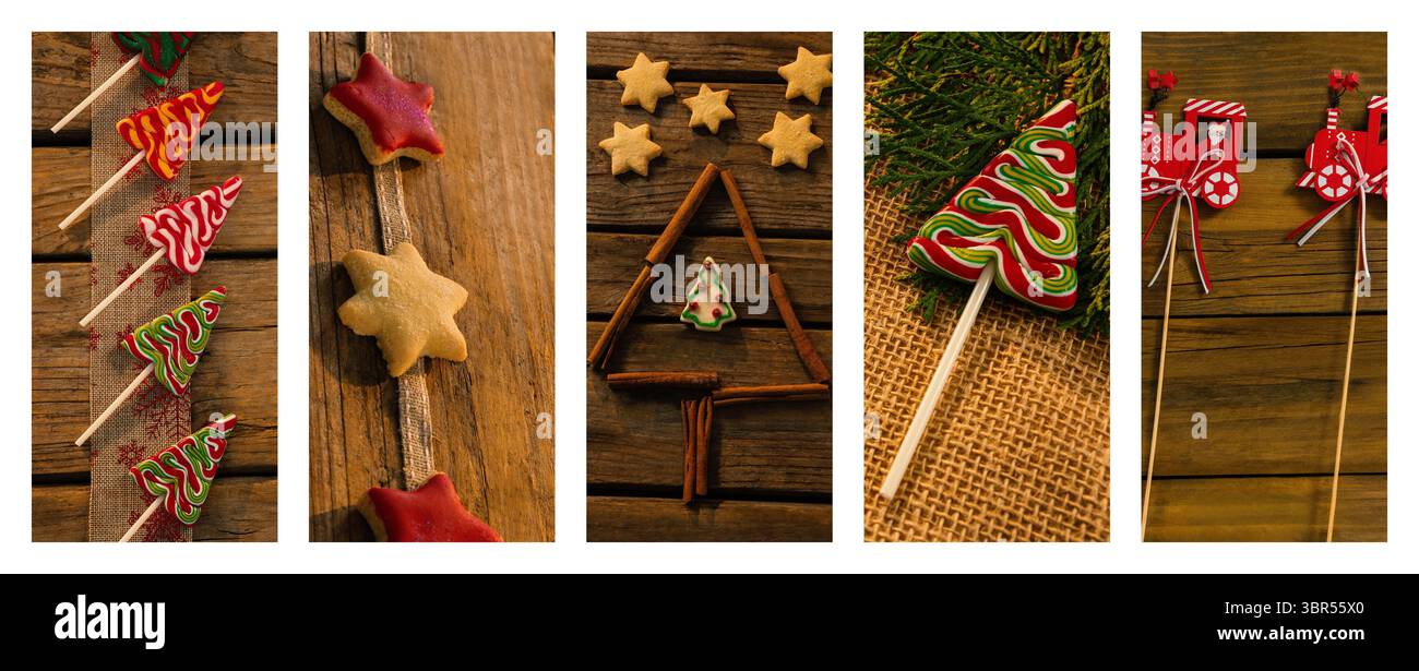 Die flache Ausstellung mit weihnachtlichem Thema zeigt baumförmige Lutscher, Kekse und Holzverzierungen Stockfoto