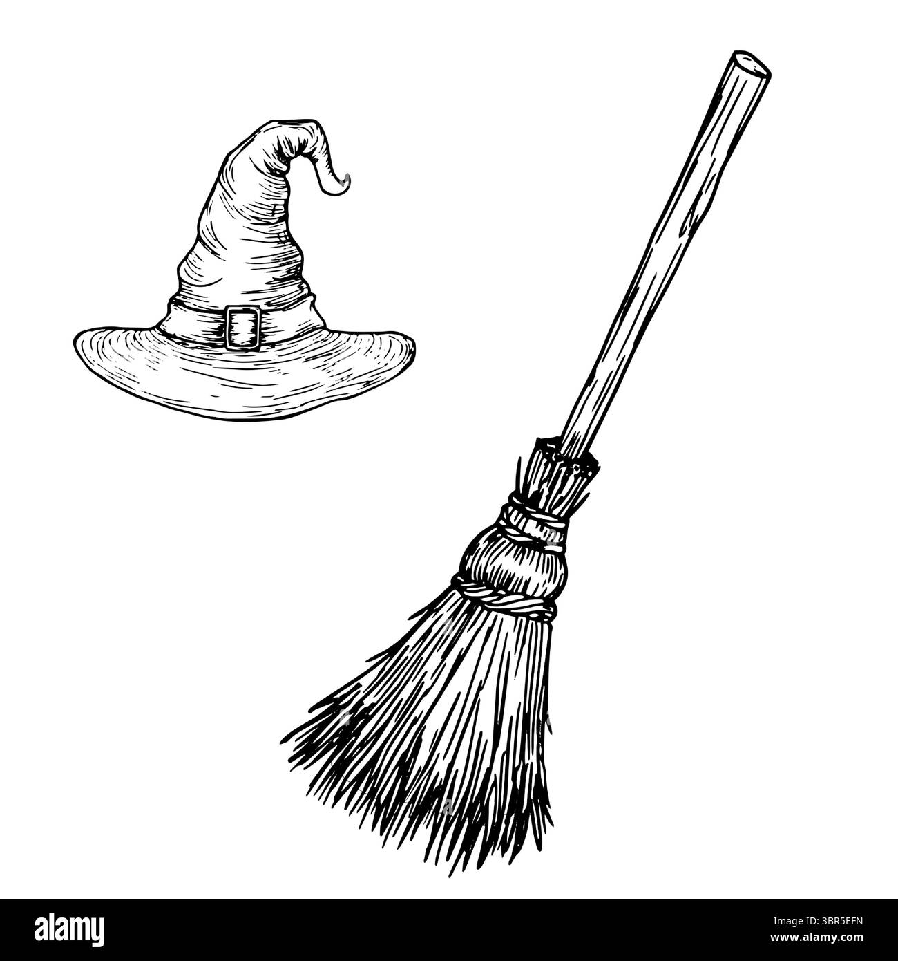 Besen mit Holzgriff und spitzem Hexenhut, Set. Vektorabbildung. Magische Attribute sind auf weißem Hintergrund isoliert. Das Thema von Stock Vektor