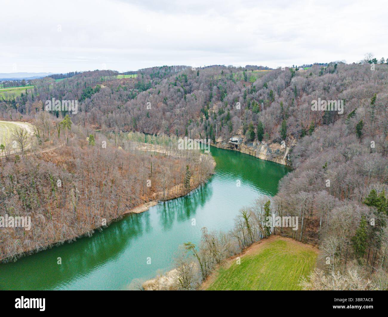 Aus der Vogelperspektive auf die Poya-Brücke über den pulsierenden, schlängelnden Saane-Fluss, der durch die waldreiche Landschaft führt, Freiburg, Schweiz. Stockfoto