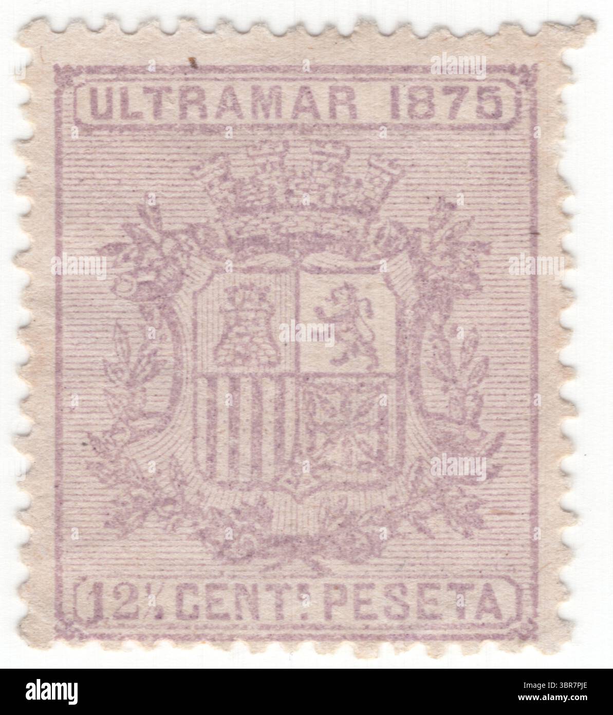 KUBA - 1. Januar 1875: 12½ céntimo hellviolette Briefmarke mit dem Wappen Spaniens während der Ersten Spanischen Republik, 1873–1874. Die FSR war das politische Regime, das in Spanien vom 11.02.1873 bis zum 29.12.1874 bestand. Die Gründung der Republik erfolgte nach der Abdankung von König Amadeo am 10. Februar 1873. Am nächsten Tag wurde eine republik mit einer parlamentarischen Mehrheit aus Radikalen, Republikanern und demokraten ausgerufen. Im Dezember 1874 inszenierte General Arsenio Martínez Campos in Sagunto ein Pronunciamiento, das den Staatsstreich grâce an die Republik lieferte und die Bourbon-Restauration einbrachte Stockfoto