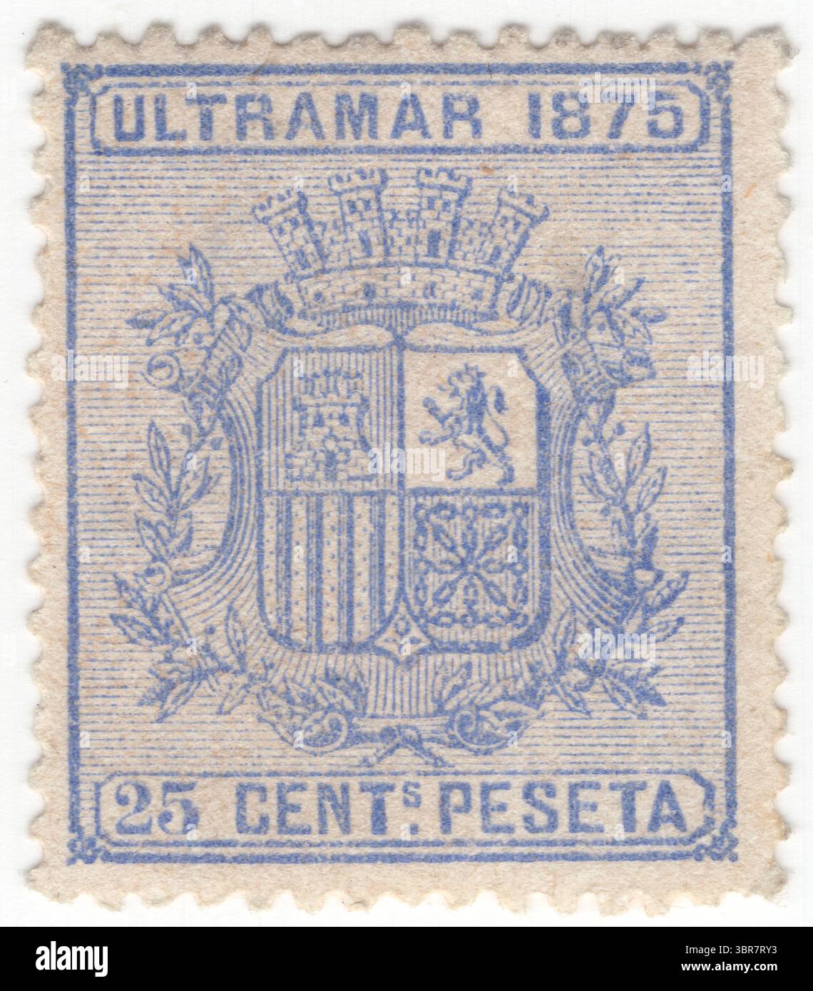 KUBA - 1. Januar 1875: 25 céntimo Ultramarin-Briefmarke, die das Wappen Spaniens während der Ersten Spanischen Republik 1873–1874 darstellt. Die FSR war das politische Regime, das in Spanien vom 11.02.1873 bis zum 29.12.1874 bestand. Die Gründung der Republik erfolgte nach der Abdankung von König Amadeo am 10. Februar 1873. Am nächsten Tag wurde eine republik mit einer parlamentarischen Mehrheit aus Radikalen, Republikanern und demokraten ausgerufen. Im Dezember 1874 inszenierte General Arsenio Martínez Campos in Sagunto ein Pronunciamiento, das den Staatsstreich grâce an die Republik lieferte und die Bourbon-Restauration einbrachte Stockfoto