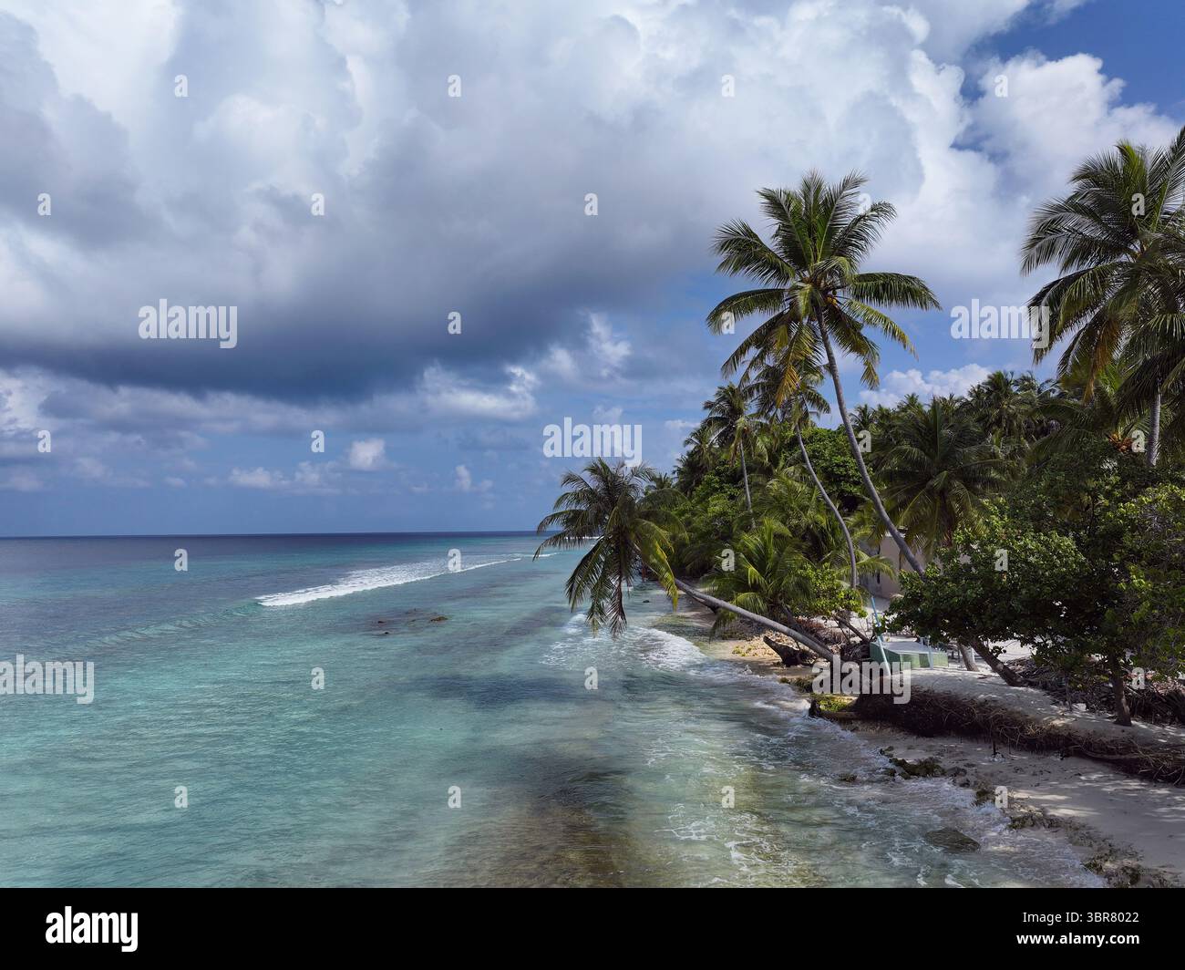 Aus der Vogelperspektive auf türkisfarbenes Wasser schlängelt sich sanft gegen die Sandküste, gesäumt von wogenden Palmen unter einem riesigen, bewölkten Himmel, Maalhos, Baa Atoll, Malediven. Stockfoto