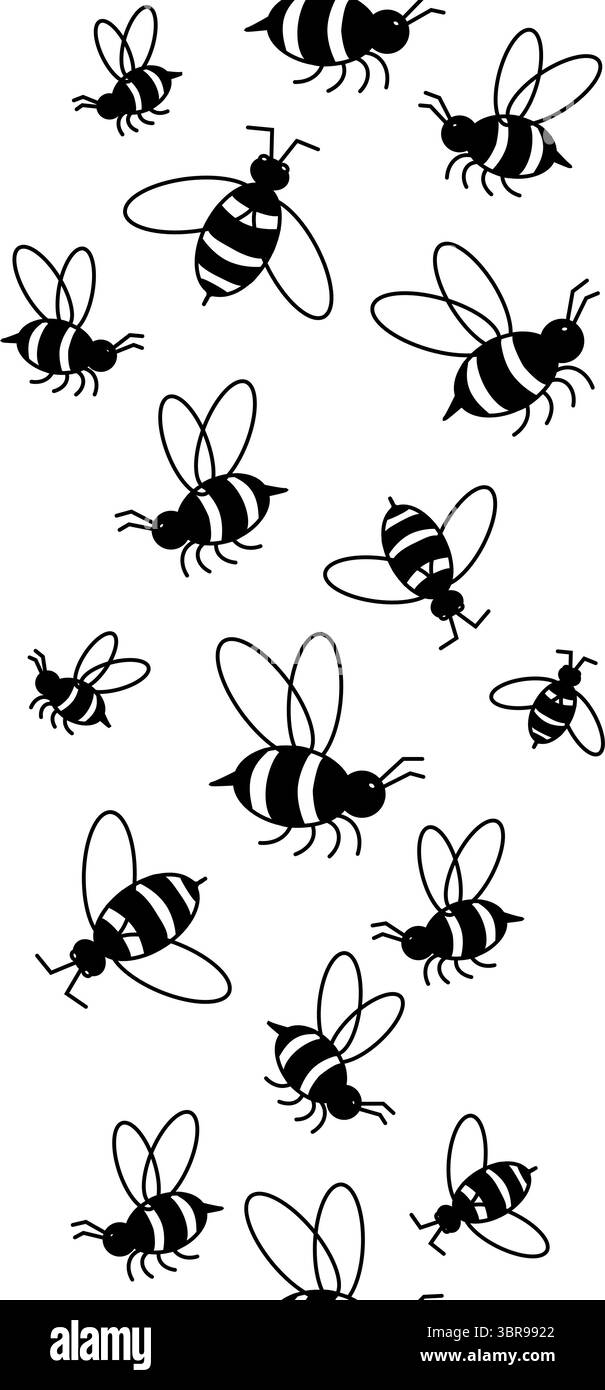 Bienen vertikaler nahtloser Rand. Vektorgrafik-Strichdarstellung. Geeignet für Wandmalereien, Geschenkverpackungen, Textilien und Tapeten. Hintergrund für Banner, S. Stock Vektor