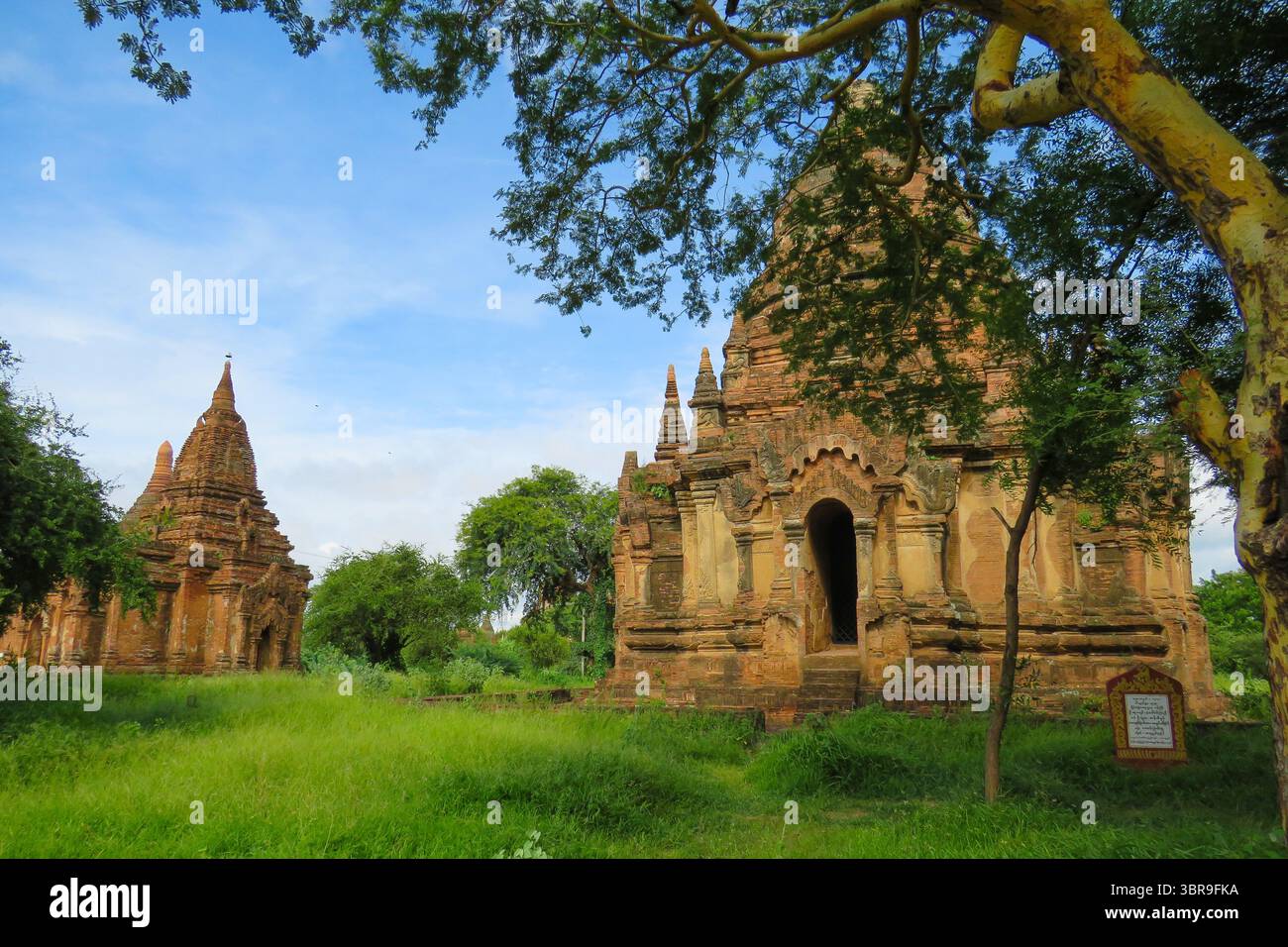 Alte buddhistische Tempel und grünes Gras in Bagan, Myanmar Stockfoto