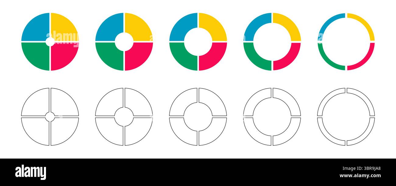 Donut-Diagramme, Torten segmentiert auf 4 gleiche Teile. Mehrfarbiges Infografik-Set. Kreisdiagramme, die in vier Abschnitte unterteilt sind. Kreisdiagramm runde Symbole. Radlebensdauer Stock Vektor