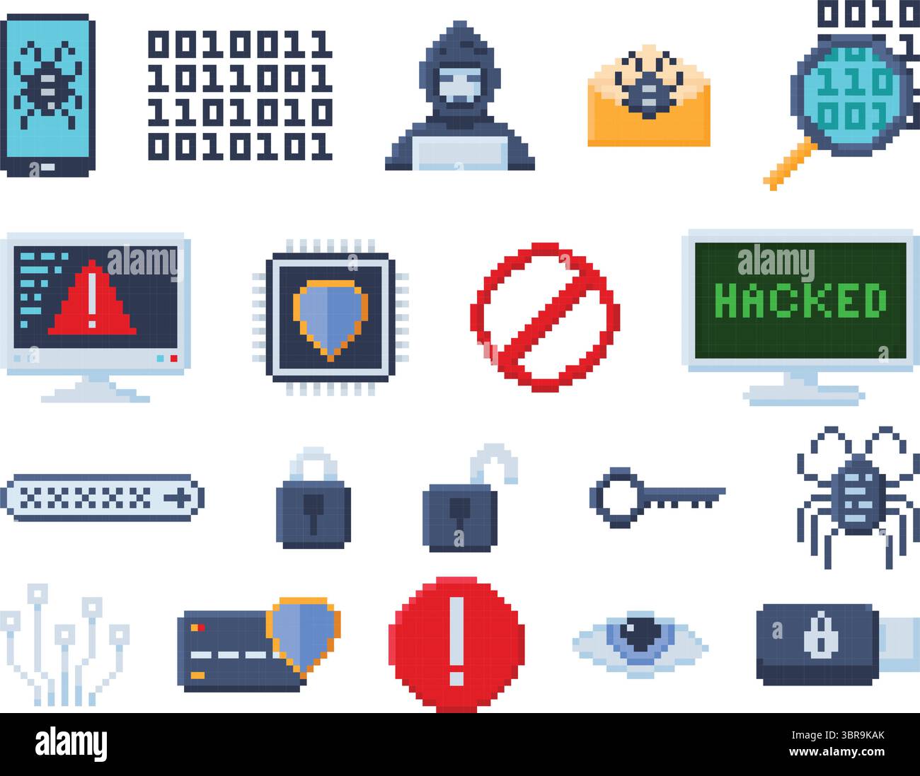 Pixelart-Symbole für Cybersicherheit. Pixeliger Computervirus, Cyber-Hacker, Passwortsperre und Verschlüsselung. Computercode, sicherer Chip mit Antivirenschutz Stock Vektor