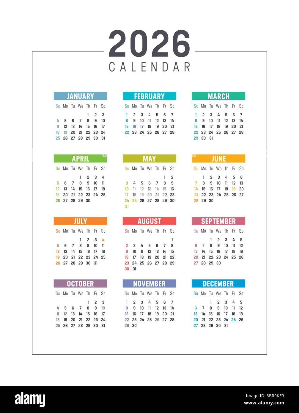 Jahr 2026 amerikanischer bunter Kalender auf weißem Hintergrund, Wochen beginnen Sonntag, USA Ferien, Vektorvorlage auf Englisch Stock Vektor