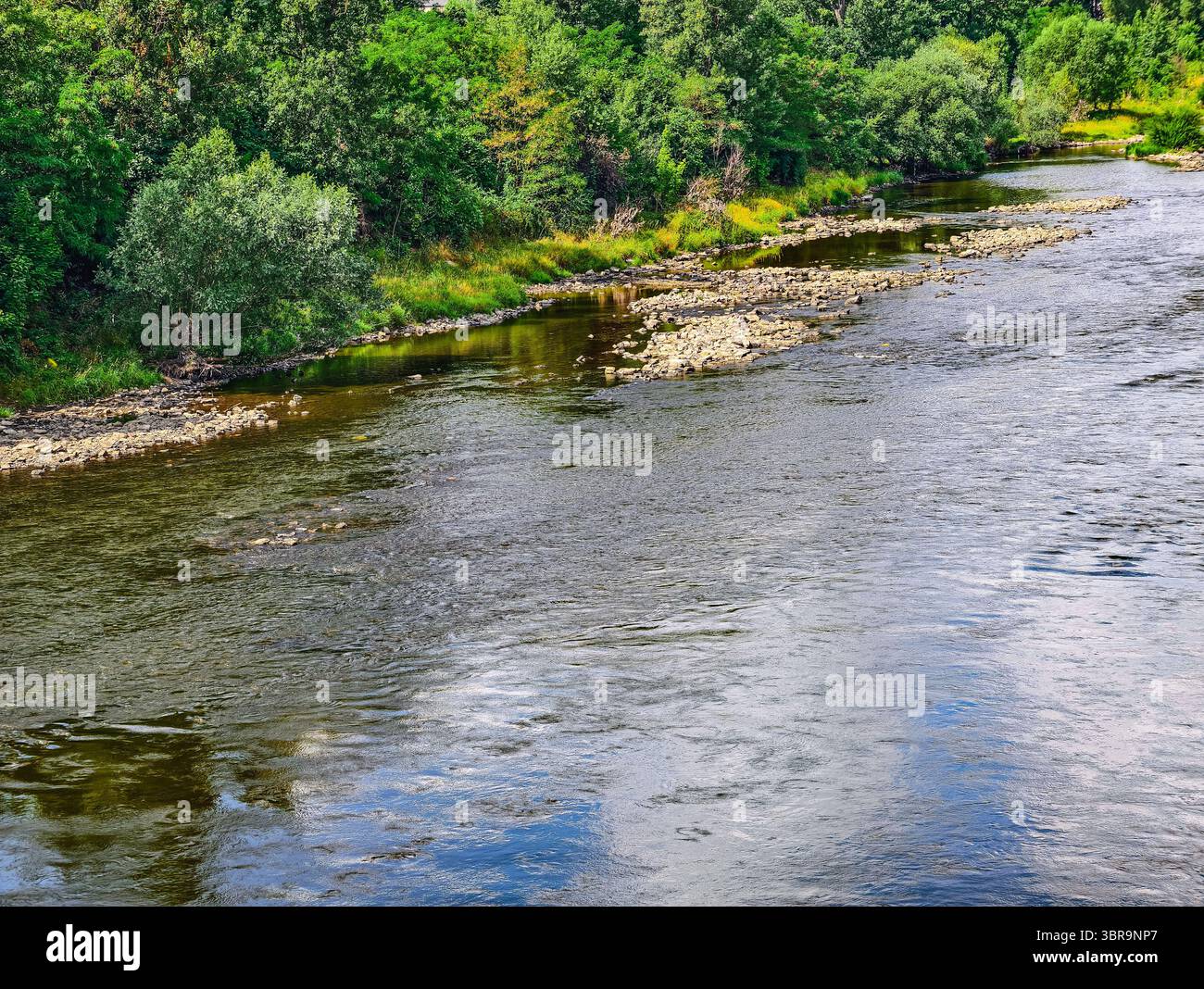 Ruhige Flusslandschaft mit üppigen grünen Ufern. Hochauflösende Hintergrundbilder für Telefone, Tablets, Laptops, Fernseher. Perfekt für Social Media, Marketing, Webdesign Stockfoto