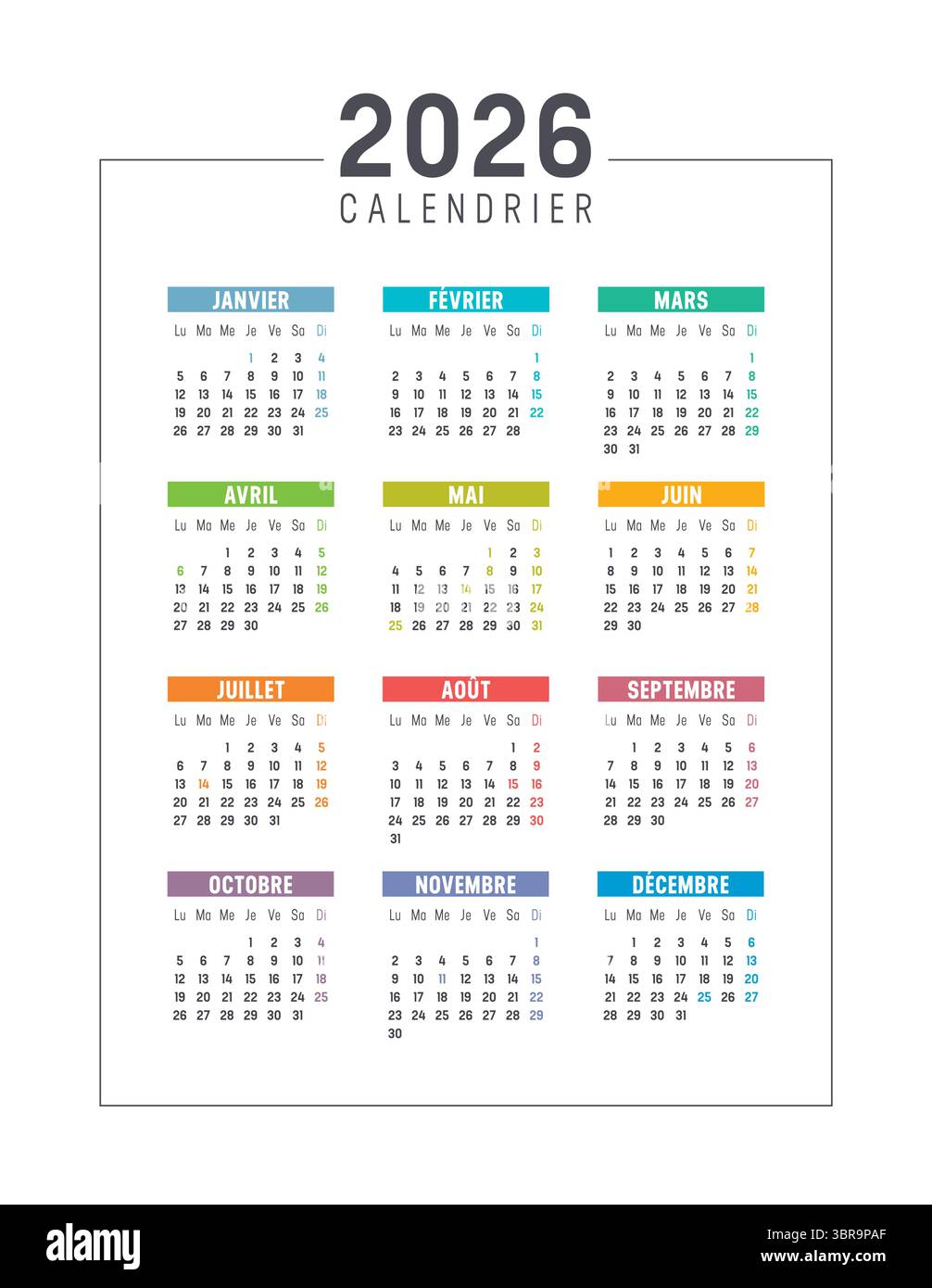 Jahr 2026 farbenfroher Kalender auf Französisch auf weißem Hintergrund, Frankreich Ferien, vertikale Vektorvorlage Stock Vektor