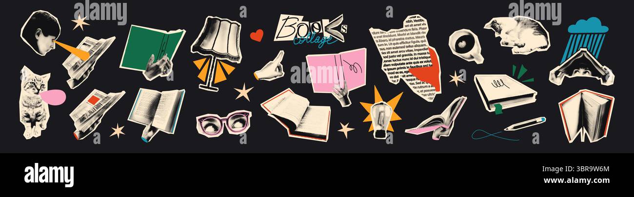 Bücher Halbtoncollage Ausschnitte setzen Vektorillustration Stock Vektor