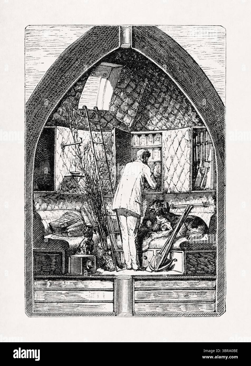 Abbildung des Innenraums des Projektils aus dem Buch „From the Earth to the Moon“ von Jules Verne. Stockfoto
