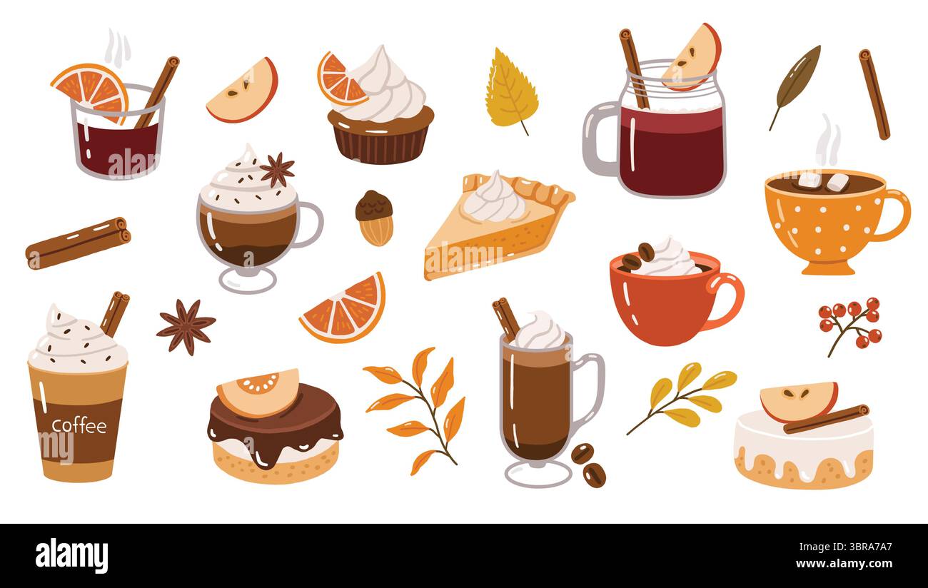 Herbstdesserts und Getränke Elemente, Doodle, süße Kuchen, Sammlung, heiße Getränke, kuscheliges Herbstset Stock Vektor