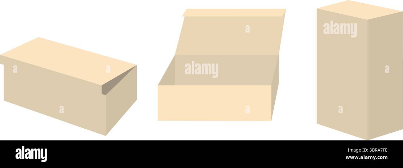 Quadratische Verpackungsboxen Mockups, Vorder- Und Seitenansicht, Geöffneter Und Geschlossener Deckel, Isoliert Auf Weißem Hintergrund. Vektorabbildung Stock Vektor