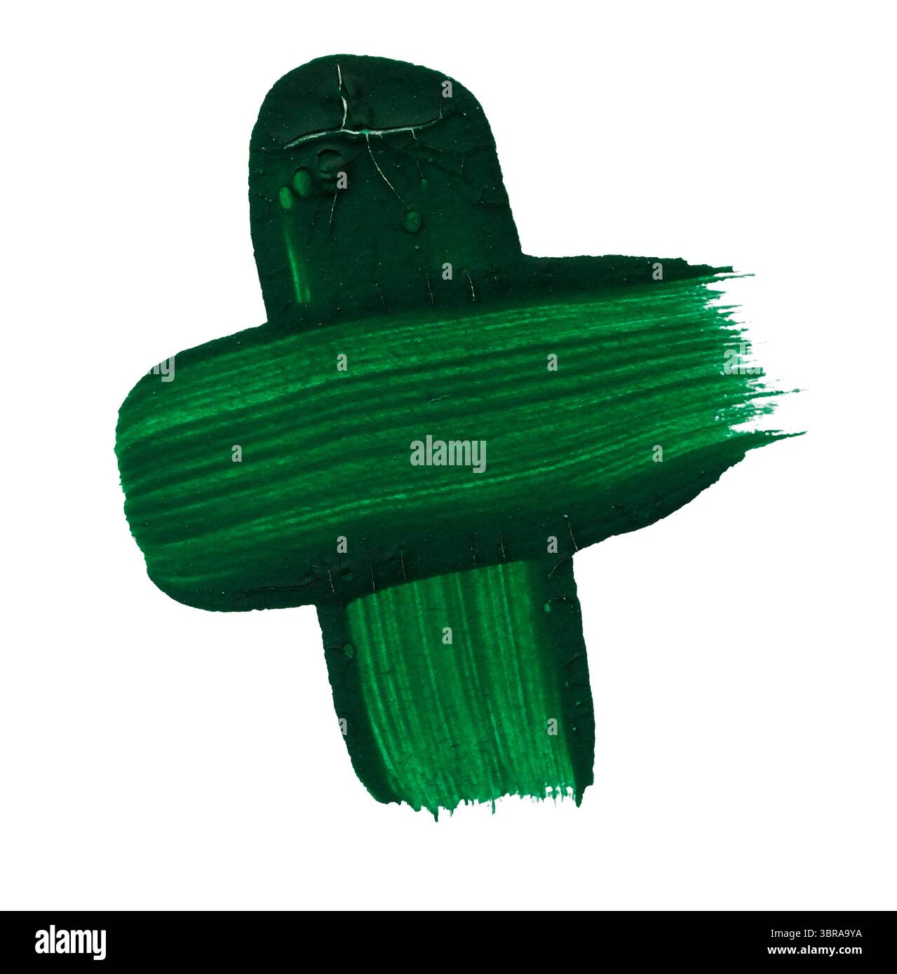 Ein kräftiger grüner Pinselstrich bildet ein künstlerisches Kreuz auf einer leeren weißen Leinwand. Stockfoto