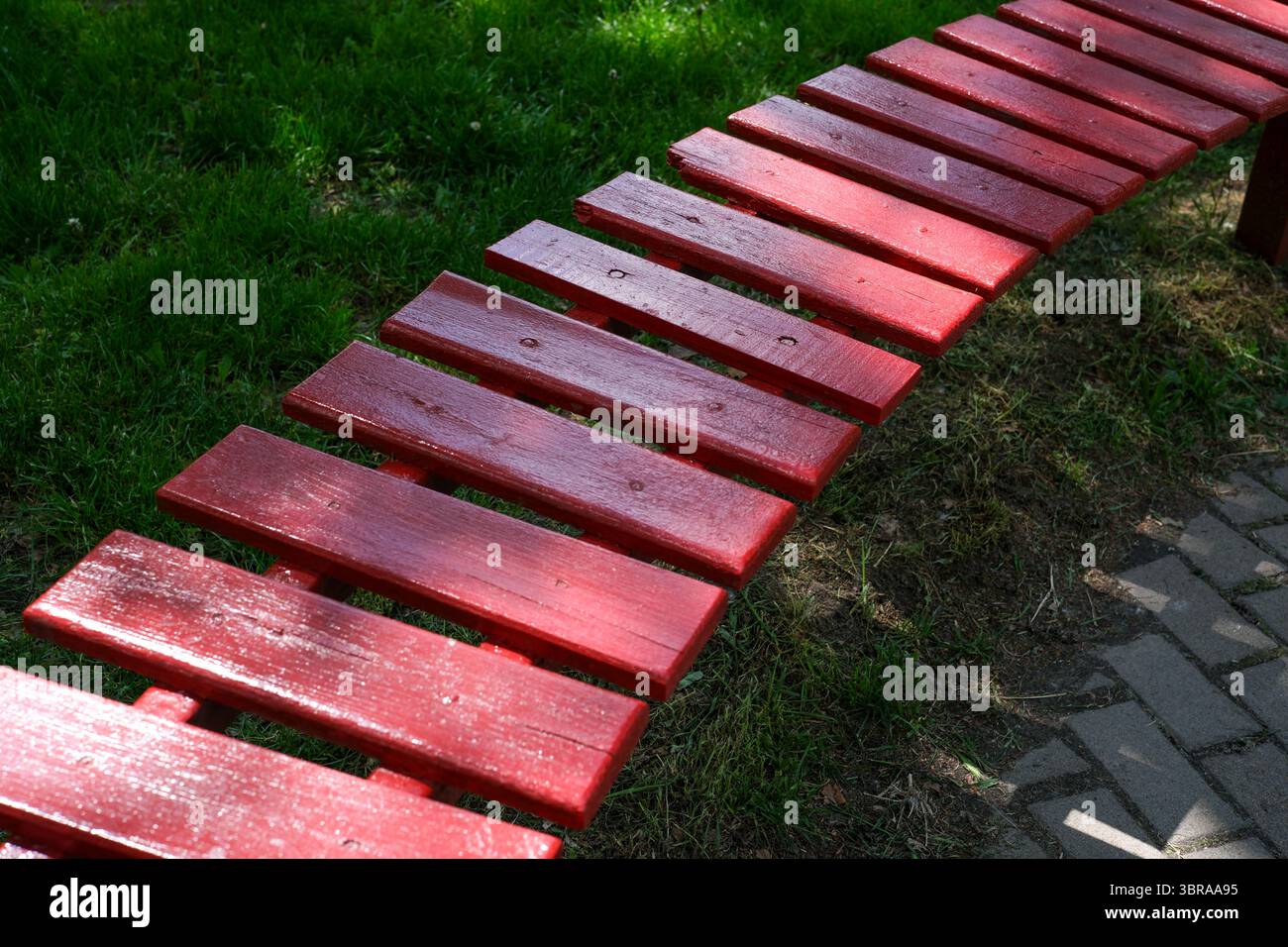 Die gebogenen roten Bänke bieten einen gemütlichen Ort zur Erholung in einem sonnigen, grasbewachsenen Park. Stockfoto