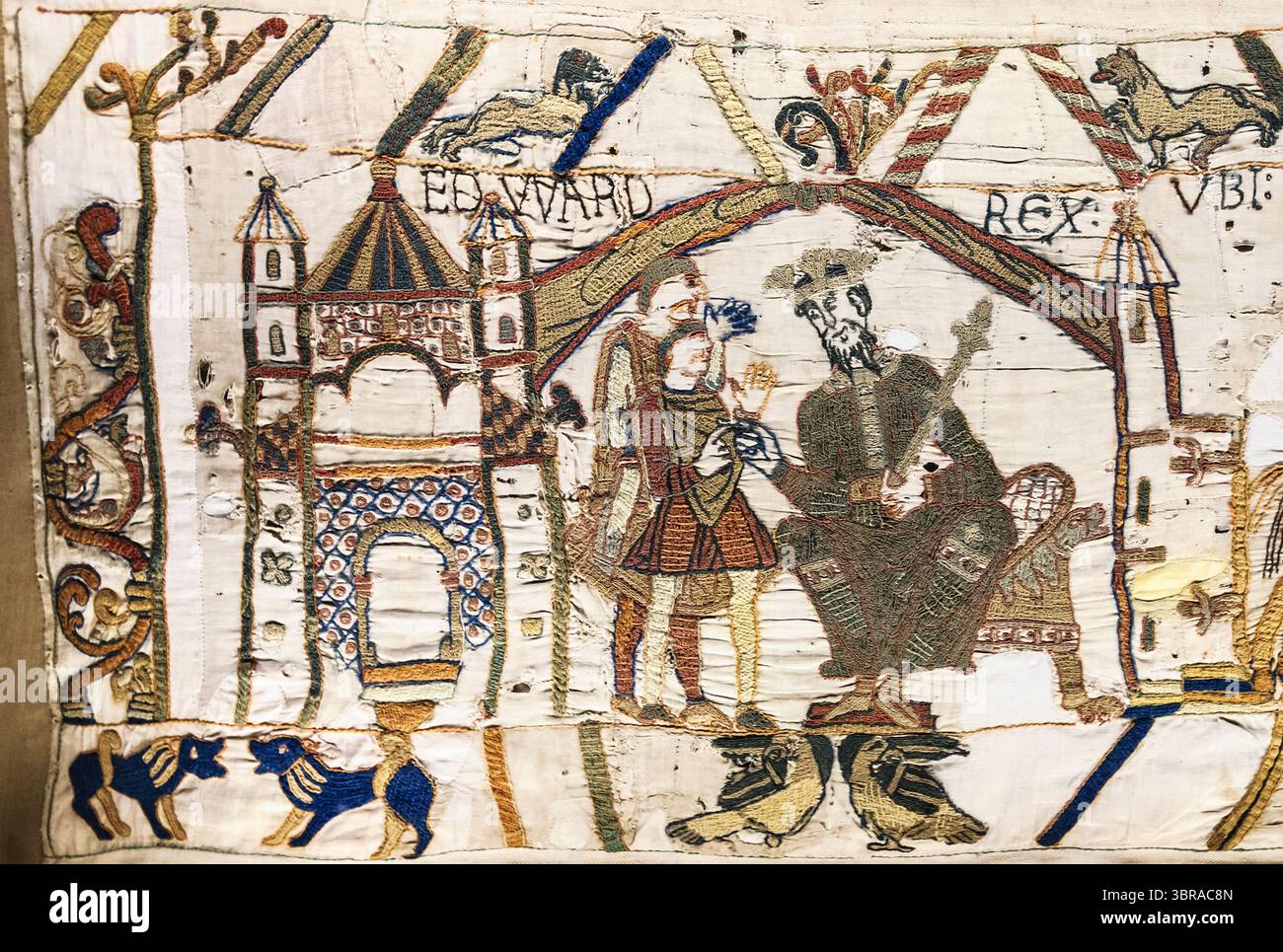 Detail aus Bayeux Tapestry mit König Edward dem Bekenner und Harold Godwinson in Winchester. Edward der Beichtvater schickt Harold in die Normandie. Stockfoto