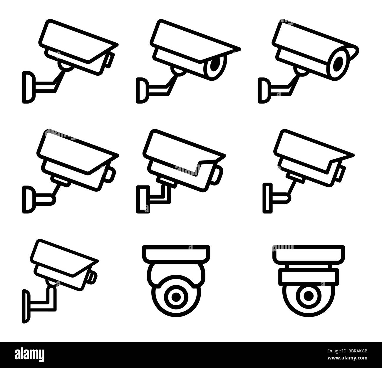Eine Sammlung von Zeilengrafik-Symbolen, die verschiedene moderne Überwachungskameras darstellen, ideal für den Einsatz in Überwachungs-, Sicherheits- und Schutzdesigns. Stock Vektor