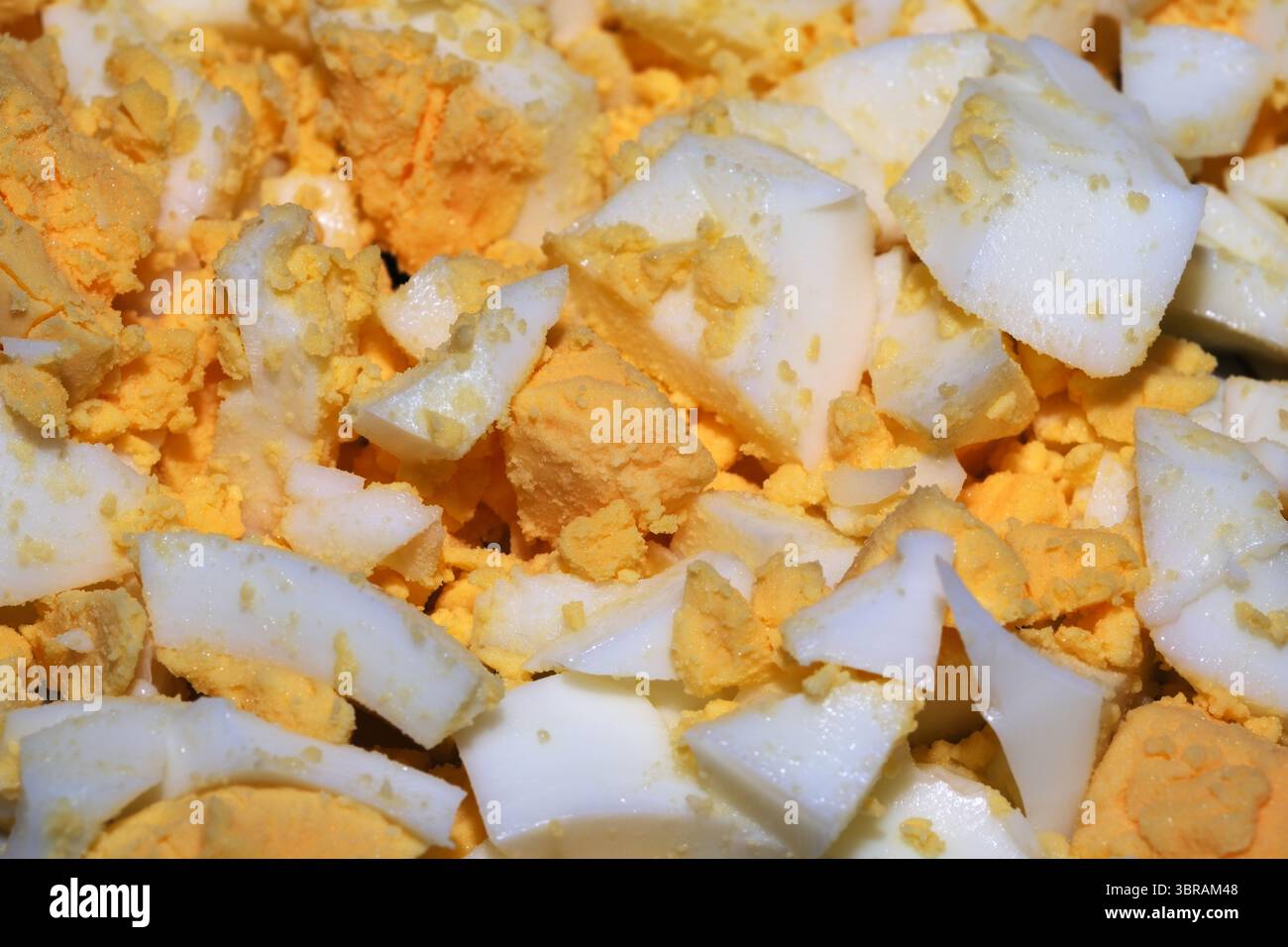 Gehackte Eier mit leuchtend gelben Gewürzen ergeben ein köstliches Gericht. Stockfoto