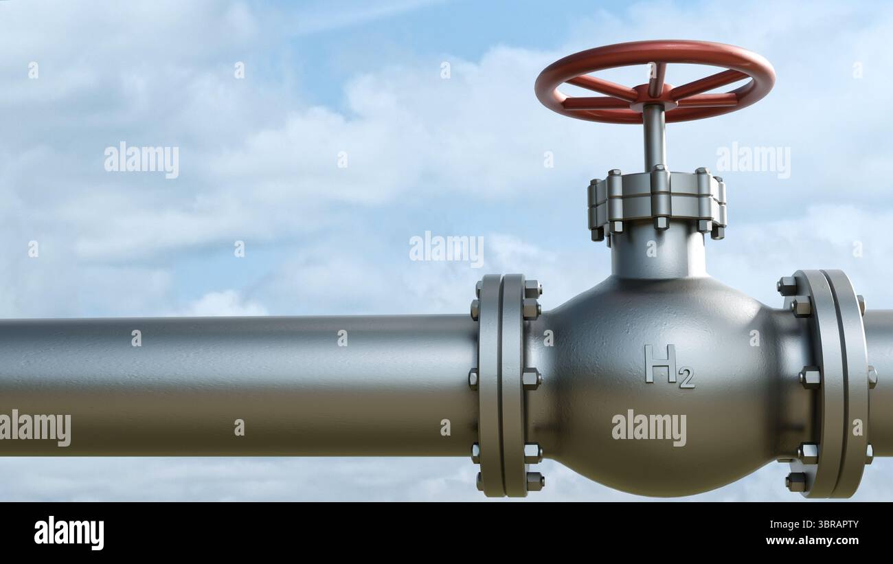 Ein Stahlrohr mit einem roten Ventil mit der Aufschrift H2, das den Wasserstofftransport unter hellem Himmel für fortschrittliche Lösungen für saubere Energie angibt Stockfoto