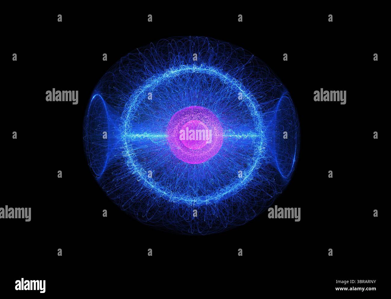 Ein leuchtend violetter Kern, umgeben von komplexen blauen elektromagnetischen Feldlinien, die einem Fusionsreaktor oder Quantensingularität ähneln. Das visuelle ruft hervor Stockfoto