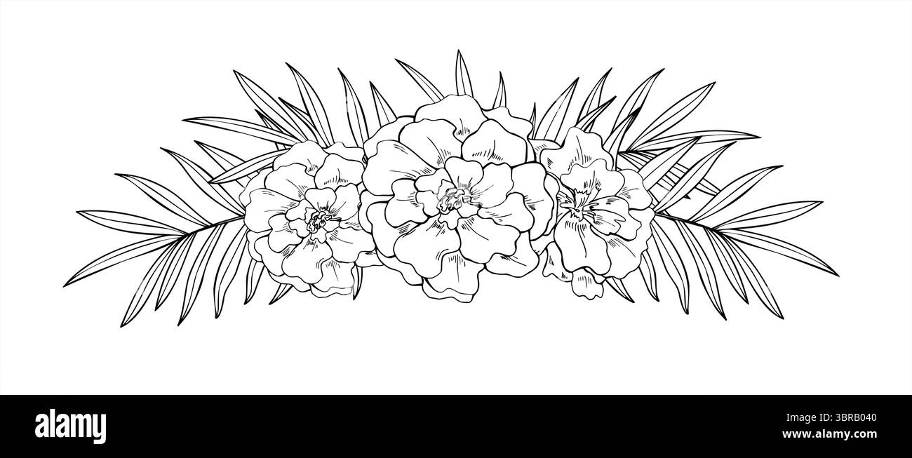 Monochrome drei blühende Ringelblumen und tropische Palmblätter Bouquet horizontale Vektor-Illustration. Blühende Blumen schwarz-weiß Komposition Stock Vektor