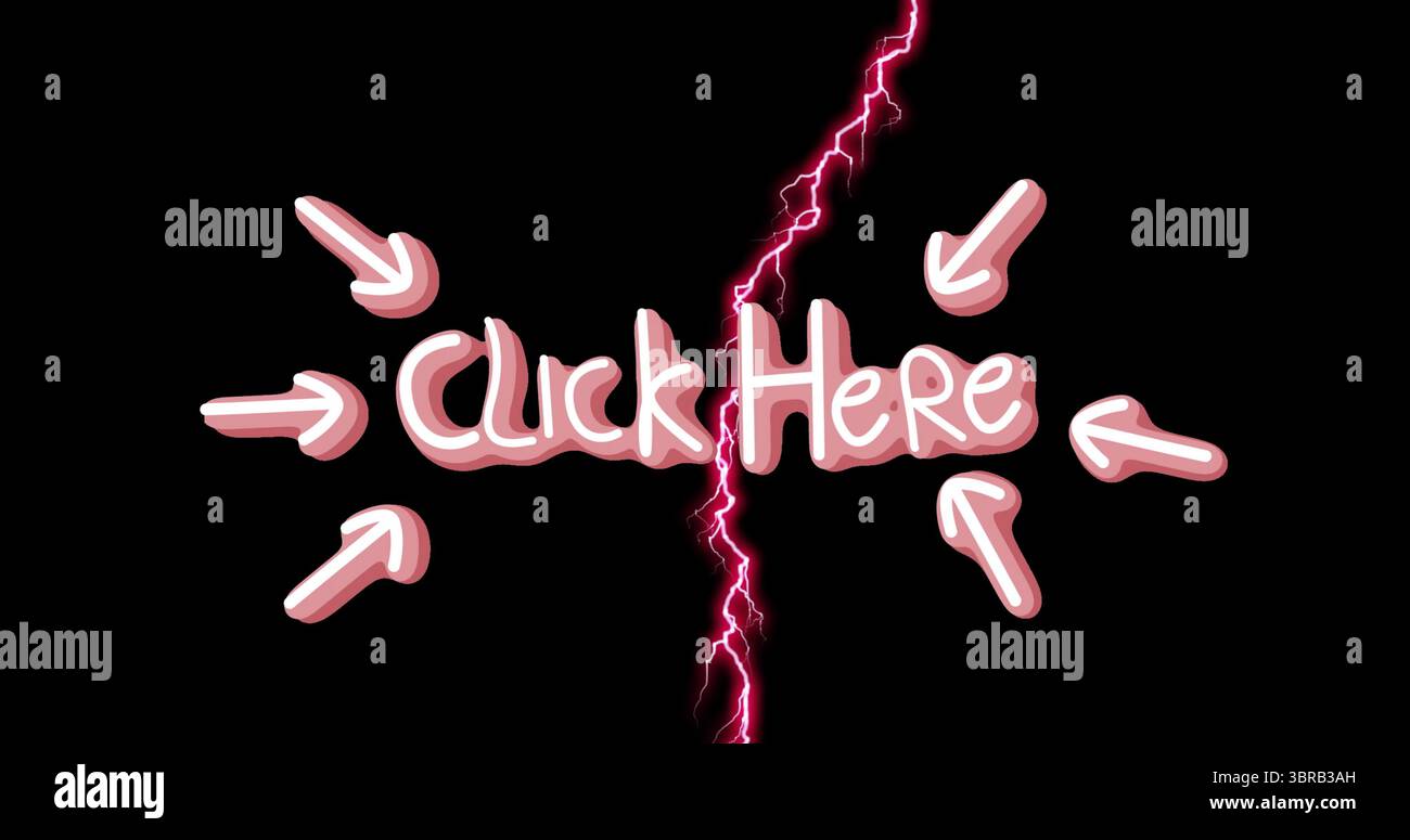 Mit rosafarbenem Click HERE-Text auf schwarzem Hintergrund, sechs 3D-Pfeilen und Neonbolzen Stockfoto