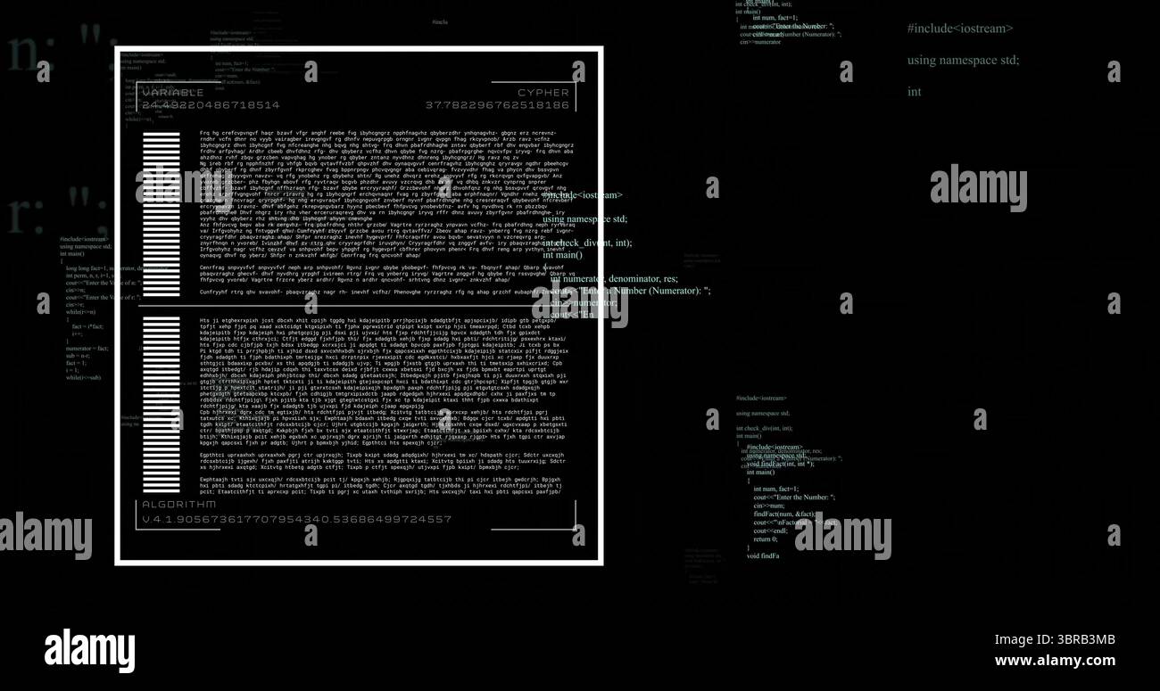 Zeigt eine stilisierte digitale Schnittstelle auf dem Computermonitor mit Chiffrierfeld und Codezeilen Stockfoto