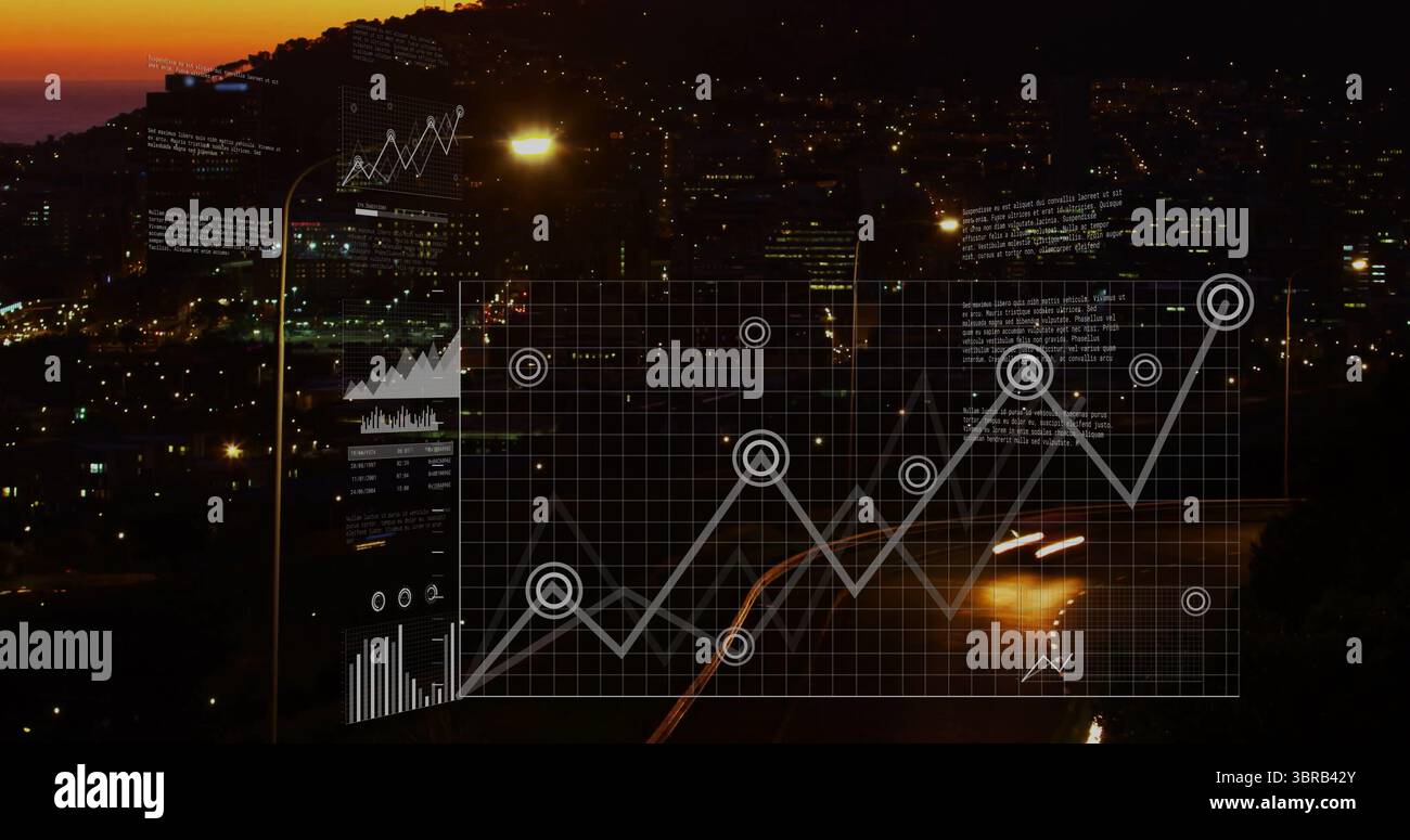 Überlagert halb-transparente Dashboard-Oberfläche über nächtlichen Städten mit leuchtenden Datendiagrammen Stockfoto