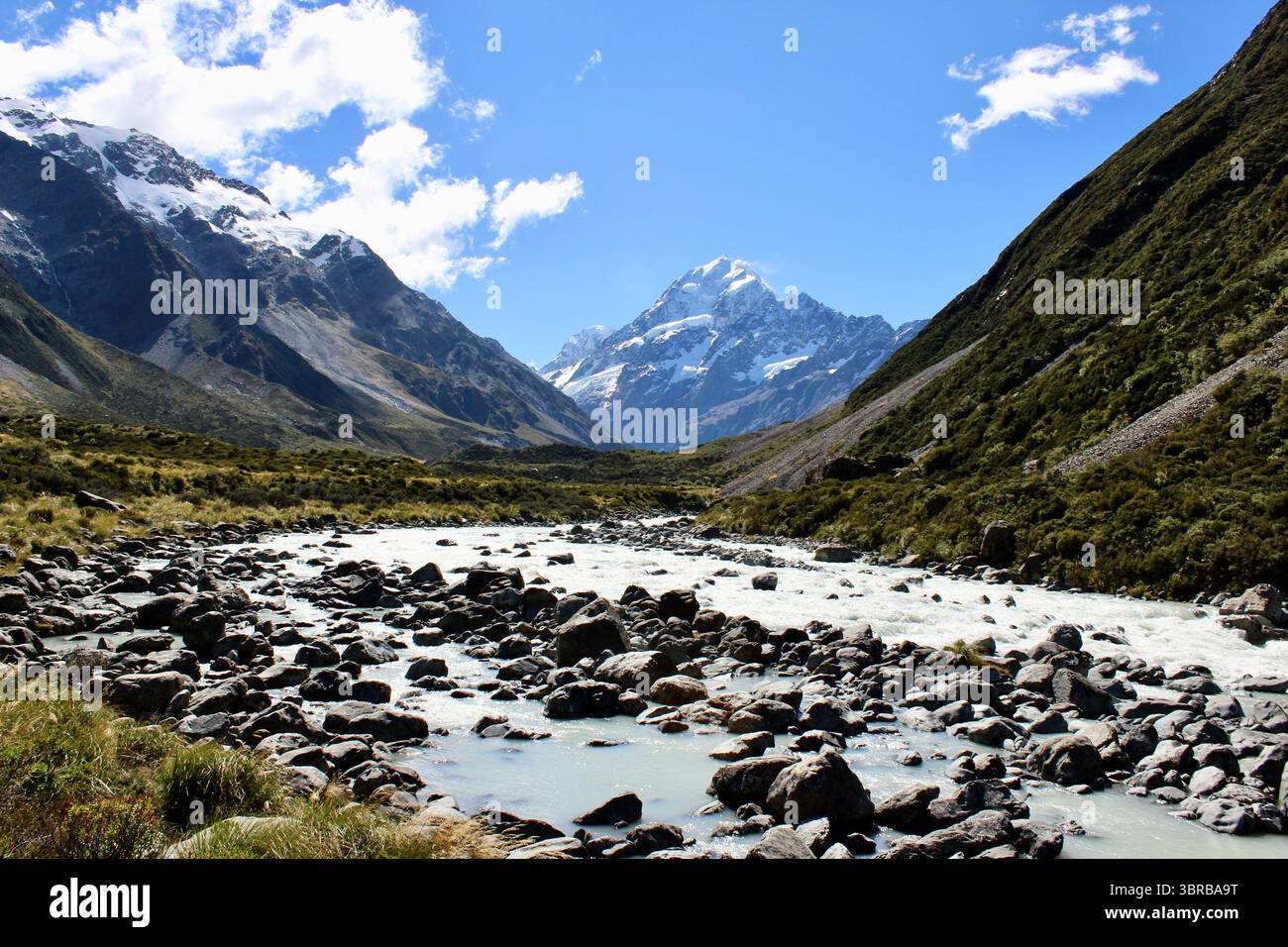 Wild River, Panoramablick auf Hooker Valley, Aoraki Nationalpark Stockfoto