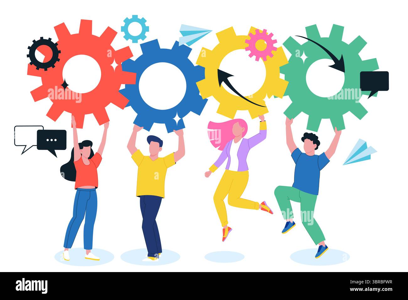 Menschen mit einem lebendigen Zahnradgetriebe. Vektor flache Zeichentrickillustration. Lösungskonzept und Kooperation für Geschäftsziele. Collaborati Stock Vektor
