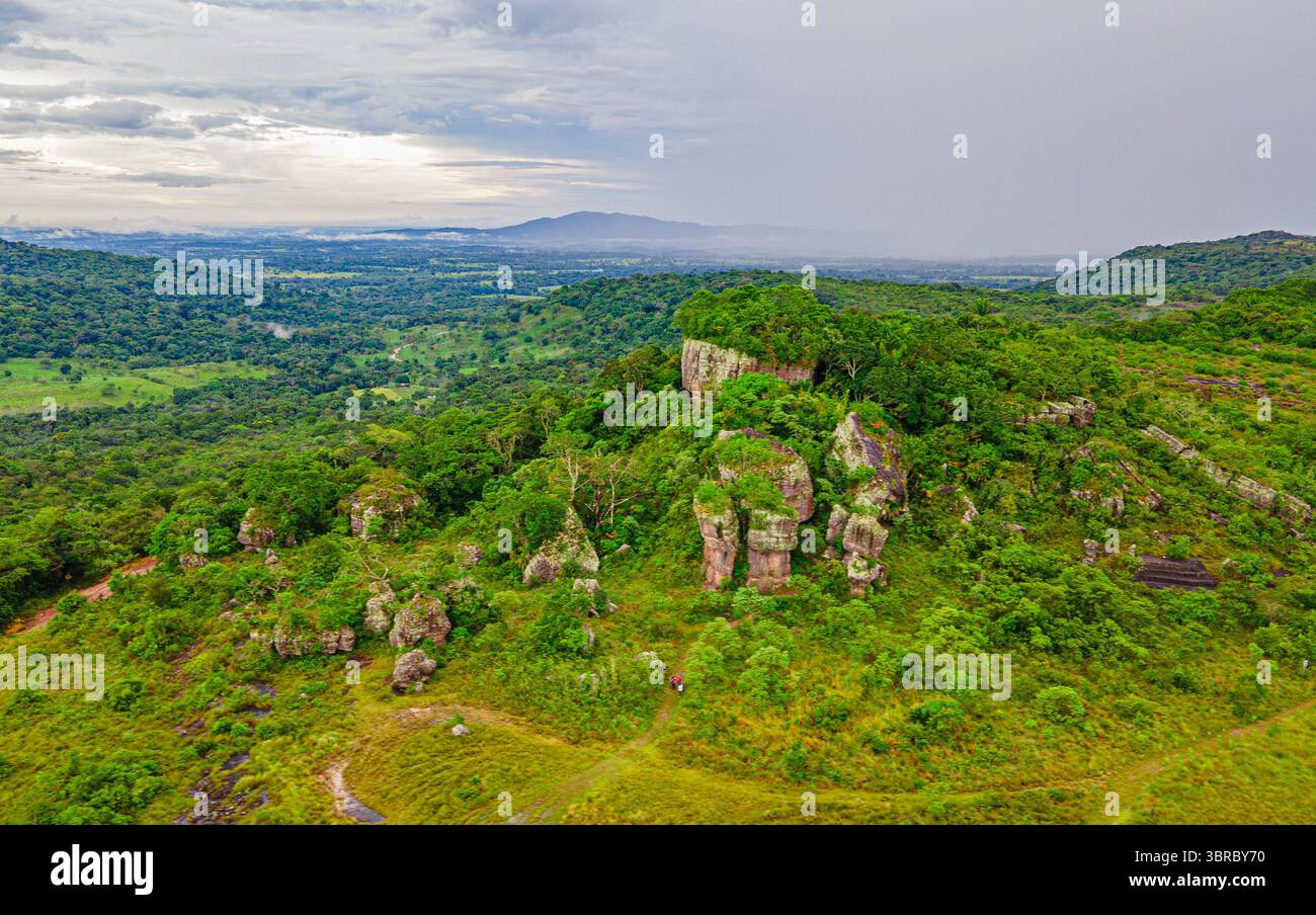 Ein atemberaubender Blick aus der Luft auf die lebendigen grünen Hügel und Felsformationen in Guaviare, Kolumbien, zeigt die Schönheit der Natur in dieser ruhigen Region. Stockfoto