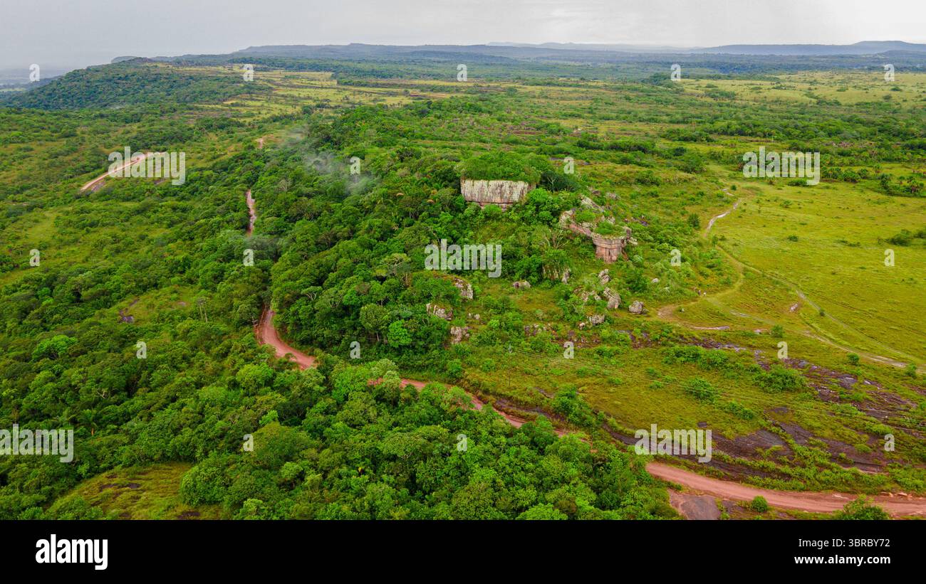 Atemberaubender Blick aus der Luft auf das dichte Grün und die malerischen Hügel in Guaviare, Kolumbien, zeigt die Schönheit der Natur in dieser atemberaubenden Region. Stockfoto