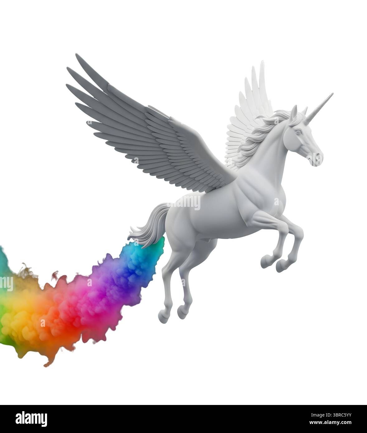 Fliegendes Einhorn mit einem minimalistischen 3D-Rendering in einem weichen und glatten Renderer Stockfoto