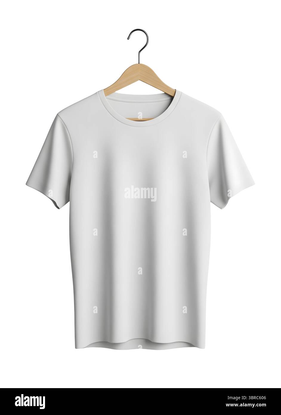 Weißes T-Shirt auf einem Holzbügel minimalistisches 3D-Rendering in einem weichen und glatten Renderer Stockfoto