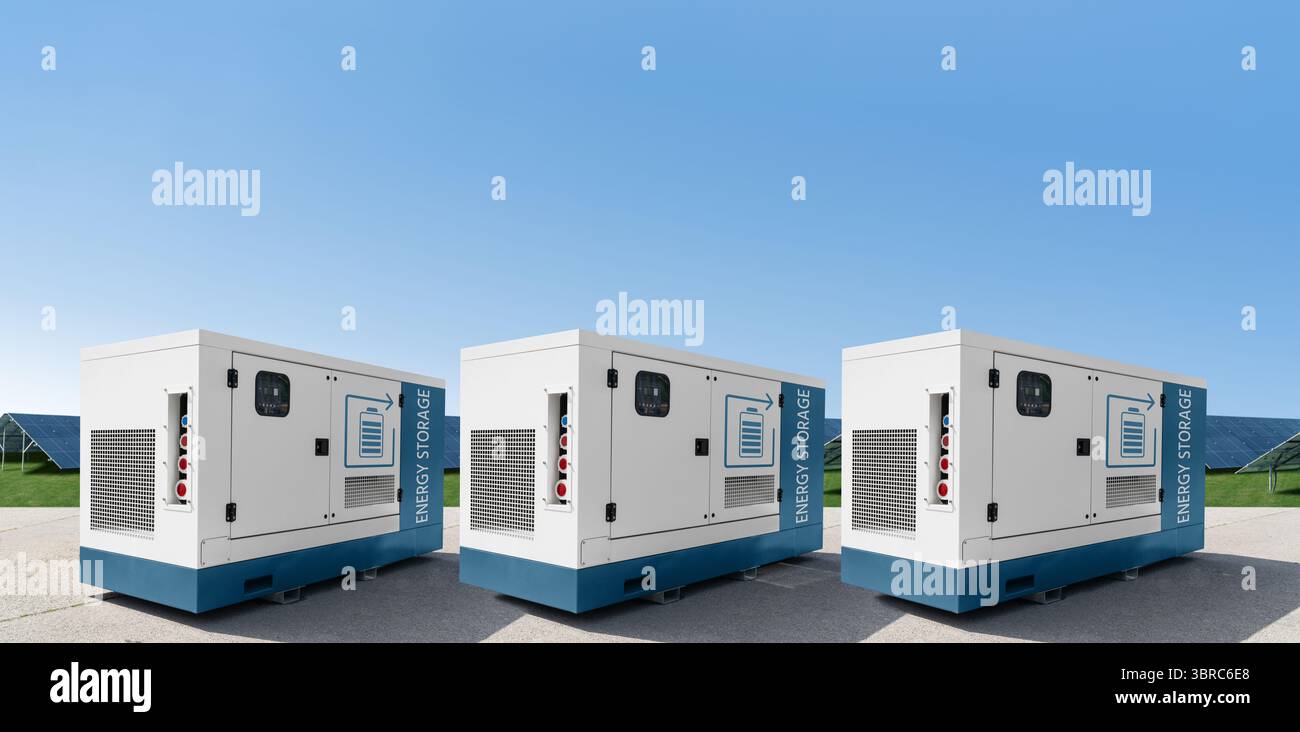 Solarkraftwerk mit Energiespeicher. Stockfoto