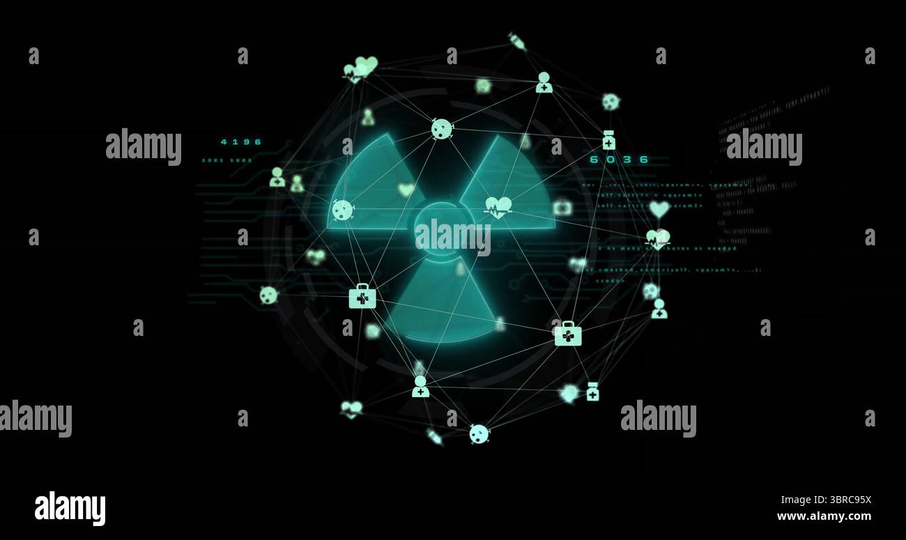 Anzeige des blauen Strahlungssymbols auf dunklem Display, Verbindung von Knoten mit medizinischen Symbolen und Benutzersymbolen Stockfoto